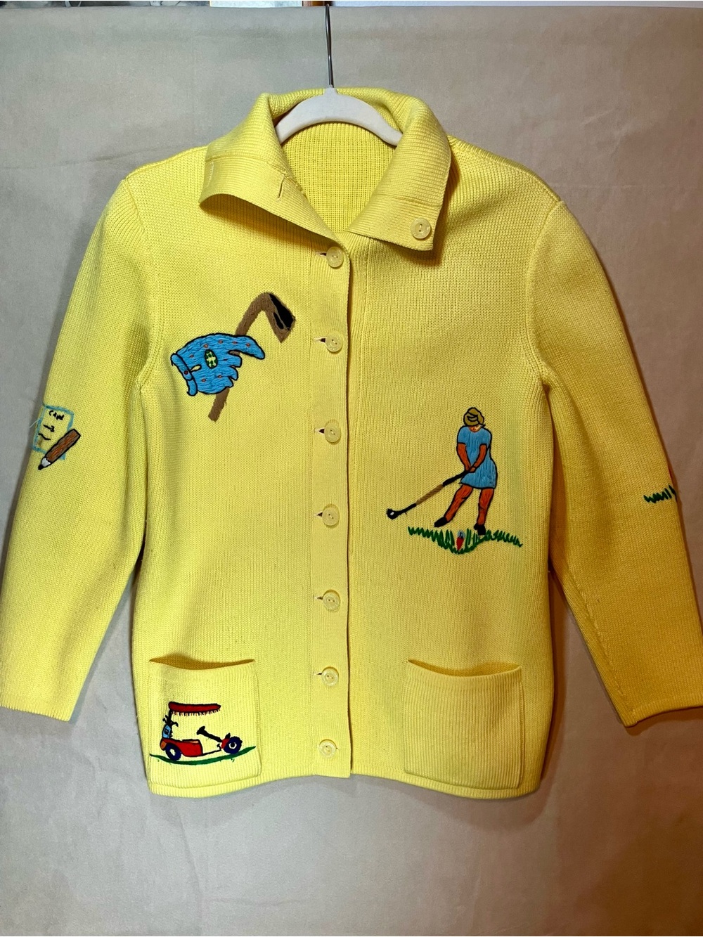 Vintage 70’s Hand-Stitched Embroidered Knit Golf Cardigan Sweater Argenti Style